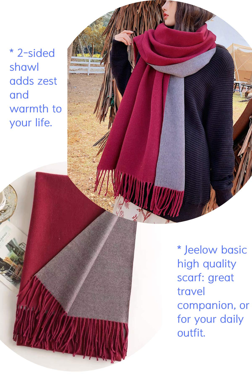 Jeelow reversible two-tone winter scarf in Burgundy Grey, 100% acrylic, 28 x 76 in., photo 4