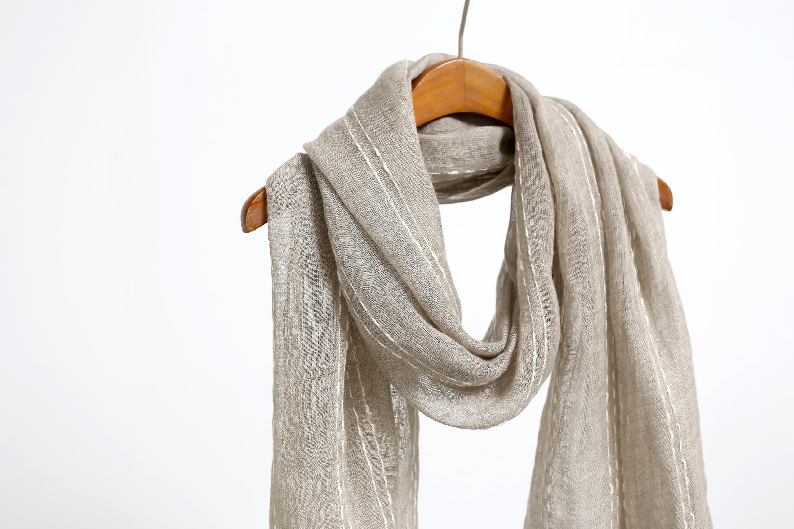 Slub stripe linen scarf worn looped at the neck