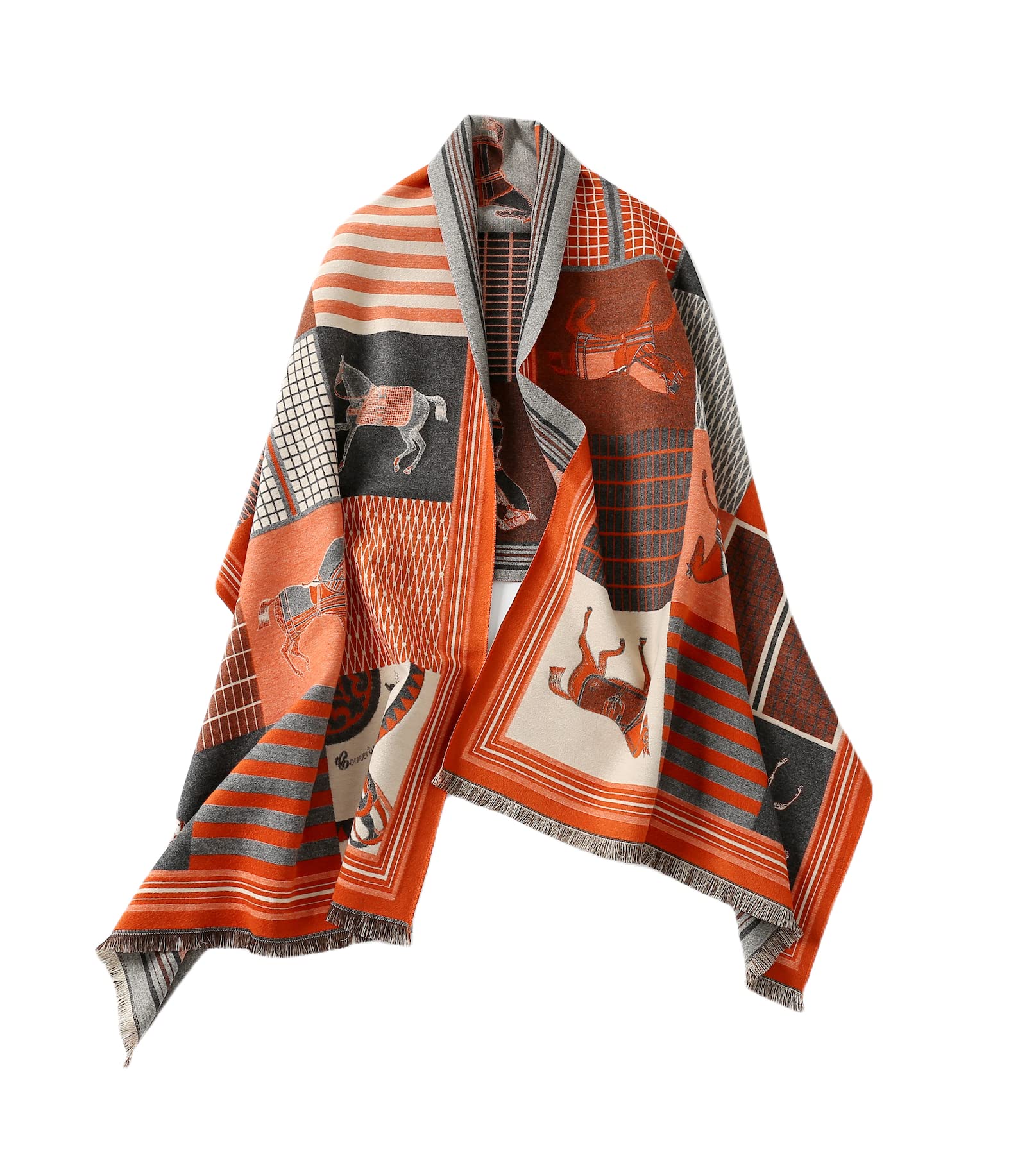 Orange and charcoal horse print shawl draped open over the shoulders showing panels of galloping horses and ribbon stripe