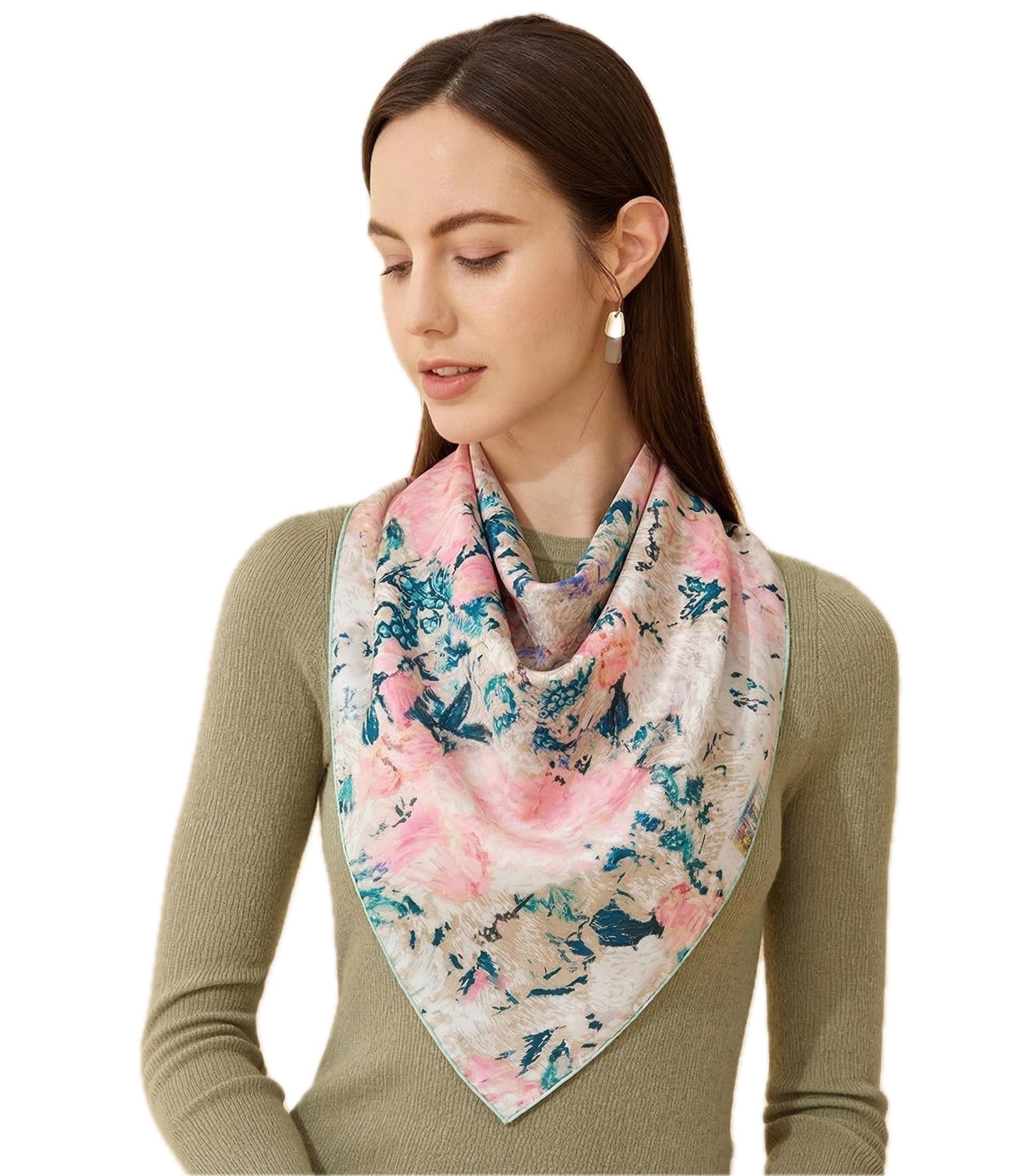 Silk scarf painted all over with blush roses teal foliage and deep blue shadow in visible brush strokes