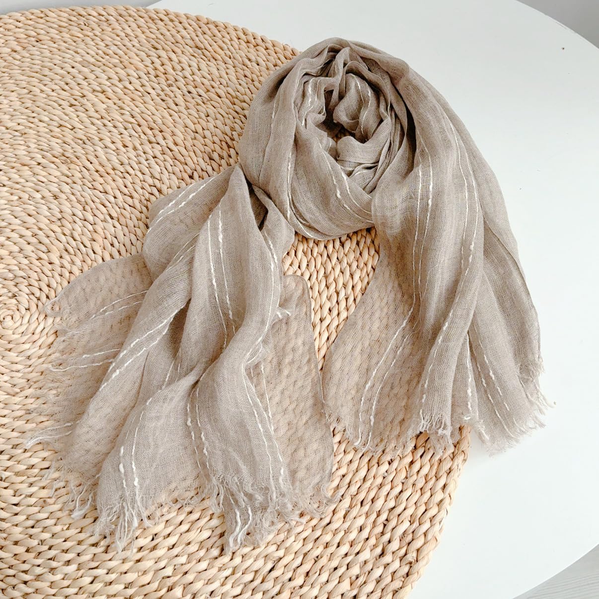 Slub stripe linen scarf folded showing the full width of the panel