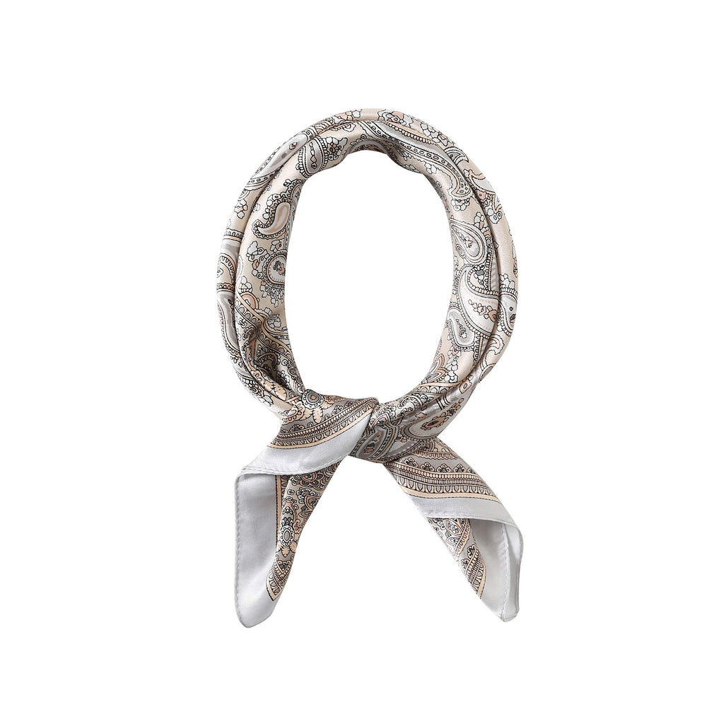 Cream silk square in taupe paisley knotted into a neck loop, pale grey satin border