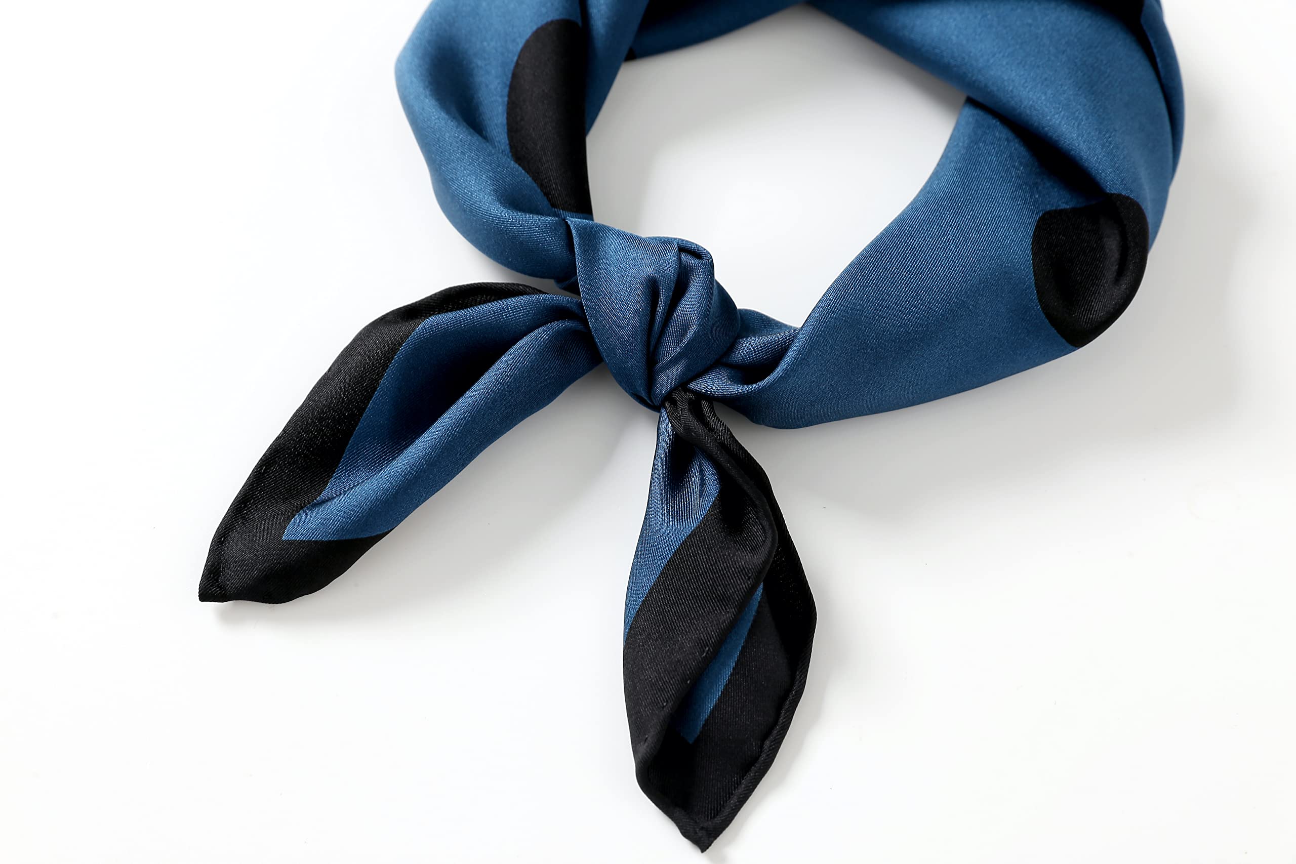 Steel blue dotted silk knotted at the front, black bordered tails fanned out on white