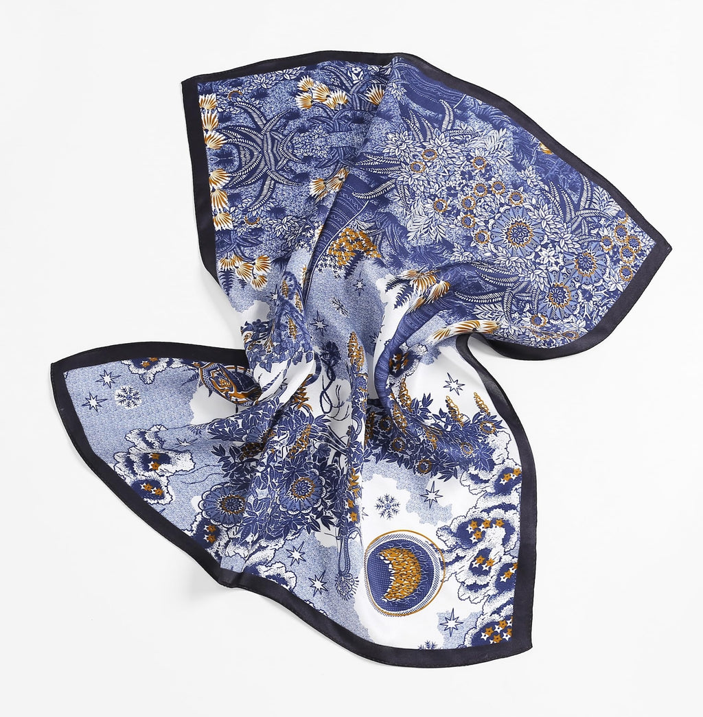 Toile square spread with corners lifted, crescent moon medallion in the lower corner