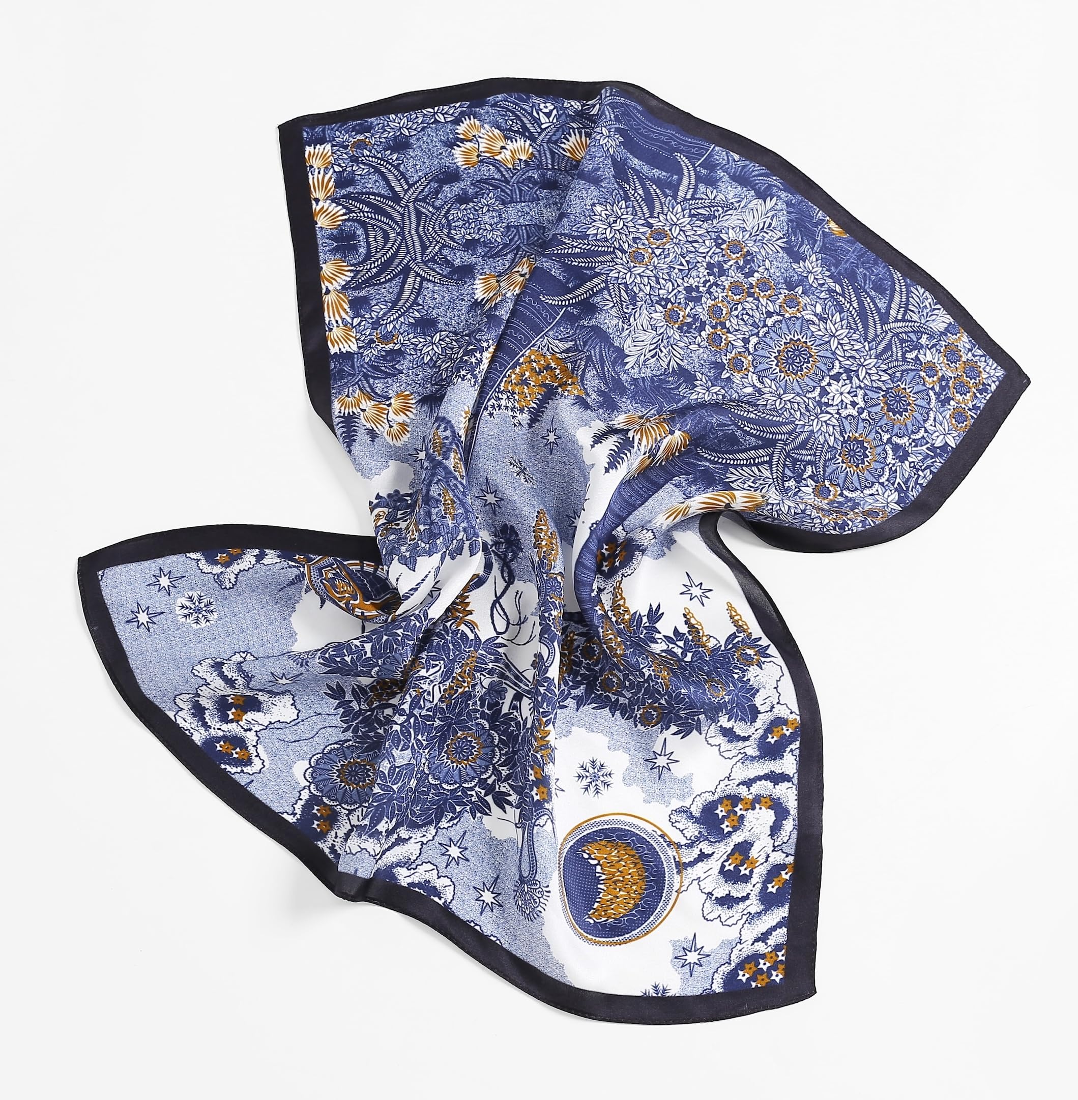 Toile square spread with corners lifted, crescent moon medallion in the lower corner