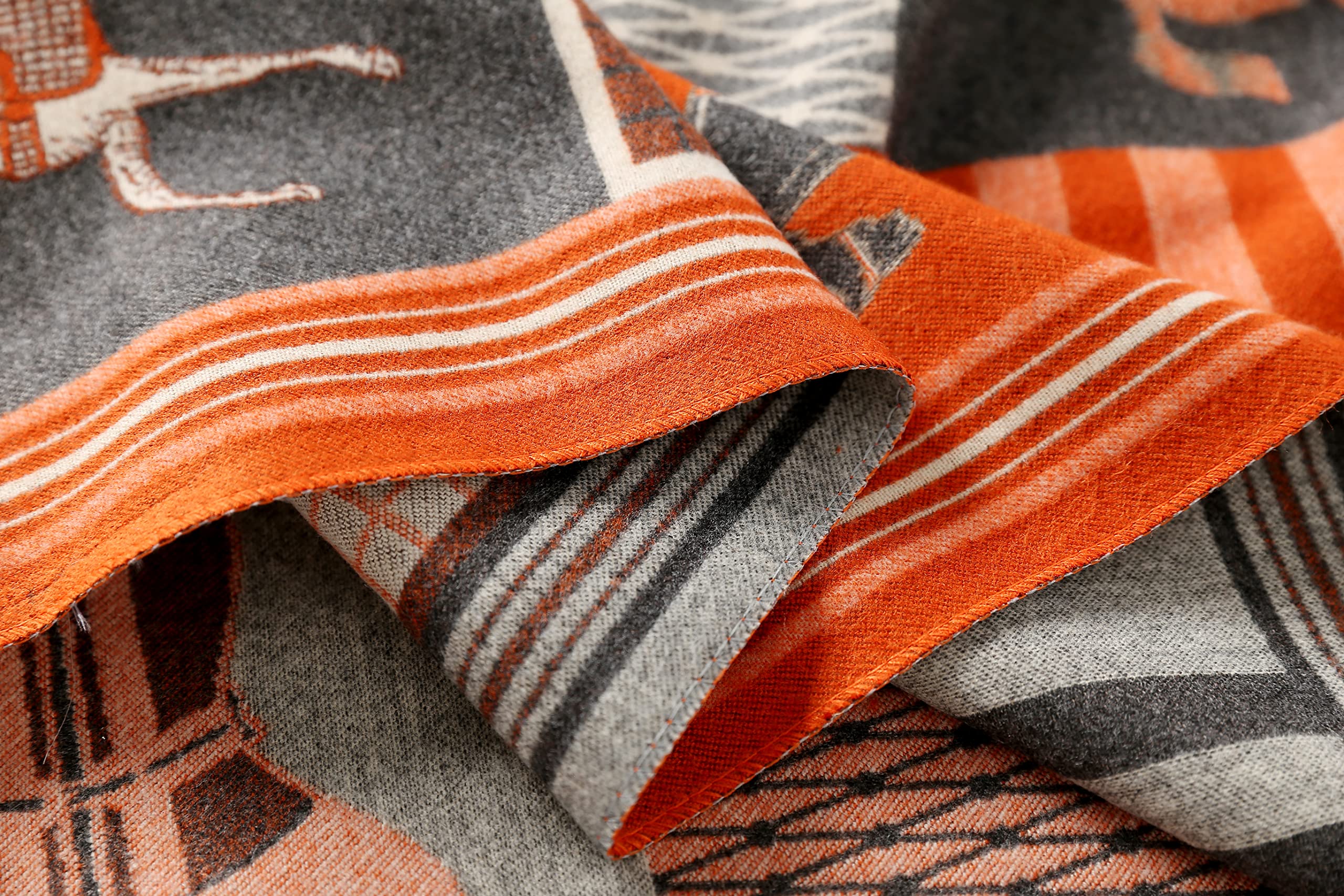Macro of the woven surface showing orange and cream stripe bands running into the grey ground