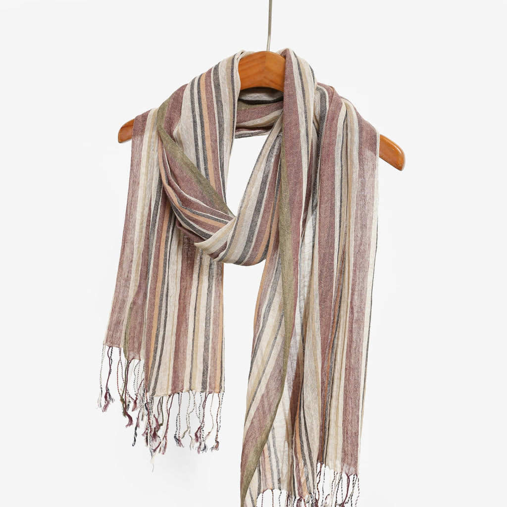 Cotton linen scarf looped once on a hanger showing the vertical stripe repeat