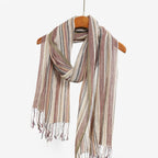 Cotton linen scarf looped once on a hanger showing the vertical stripe repeat