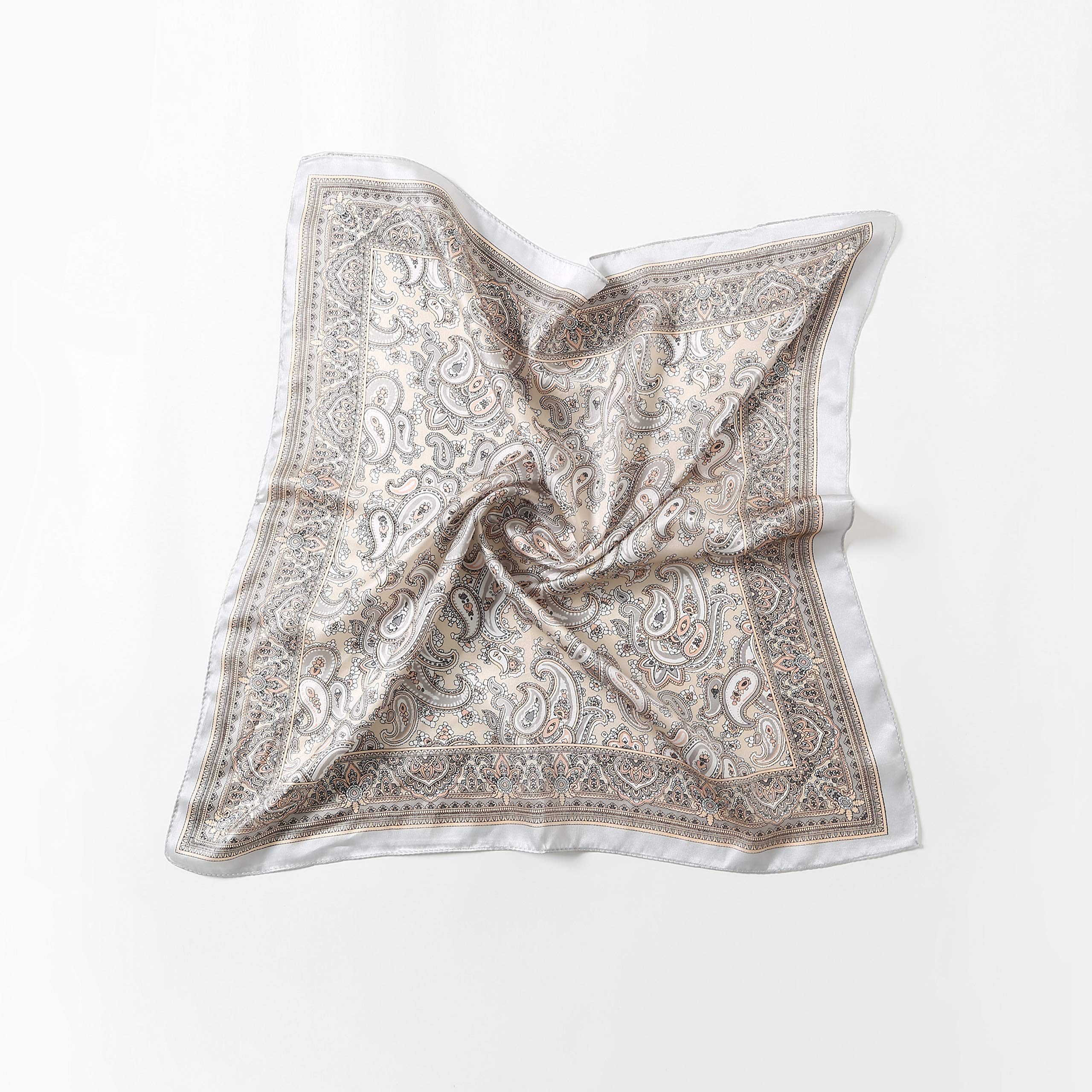 Full cream paisley square opened flat, centre pinched up, grey border on four sides