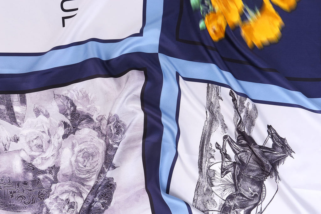Detail of the fine line rose and horse engraving on the pale panel of the silk scarf