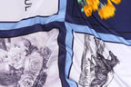 Detail of the fine line rose and horse engraving on the pale panel of the silk scarf