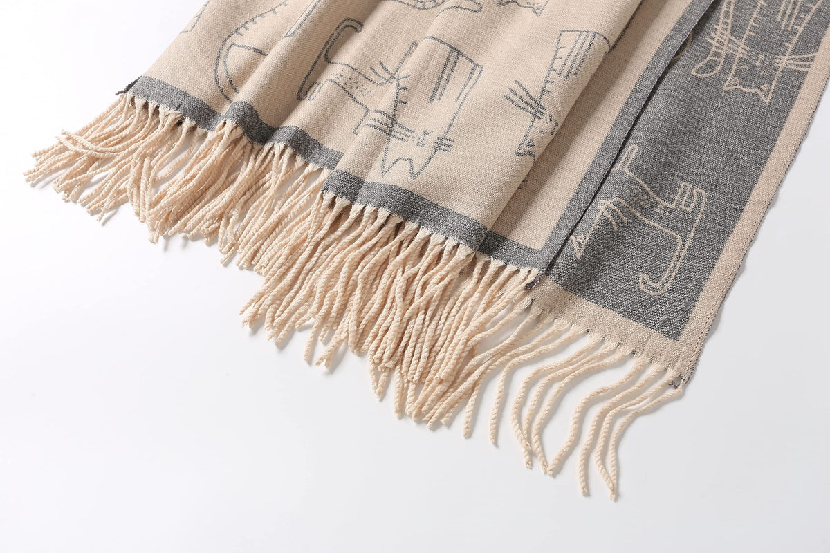 Blue grey cat scarf draped long to show the 25 by 74 inch size