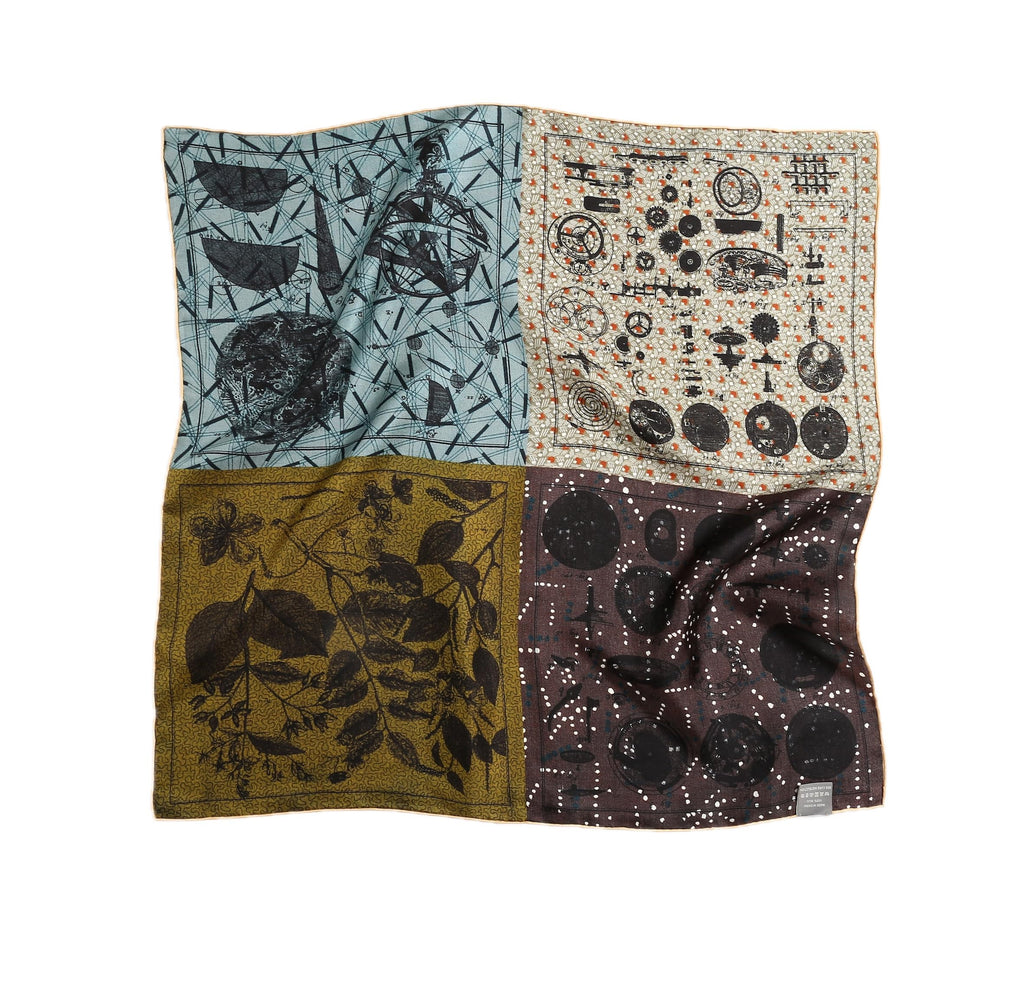 Silk square laid flat showing four panels of antique astronomy print in pale blue oatmeal olive and oxblood