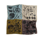 Silk square laid flat showing four panels of antique astronomy print in pale blue oatmeal olive and oxblood