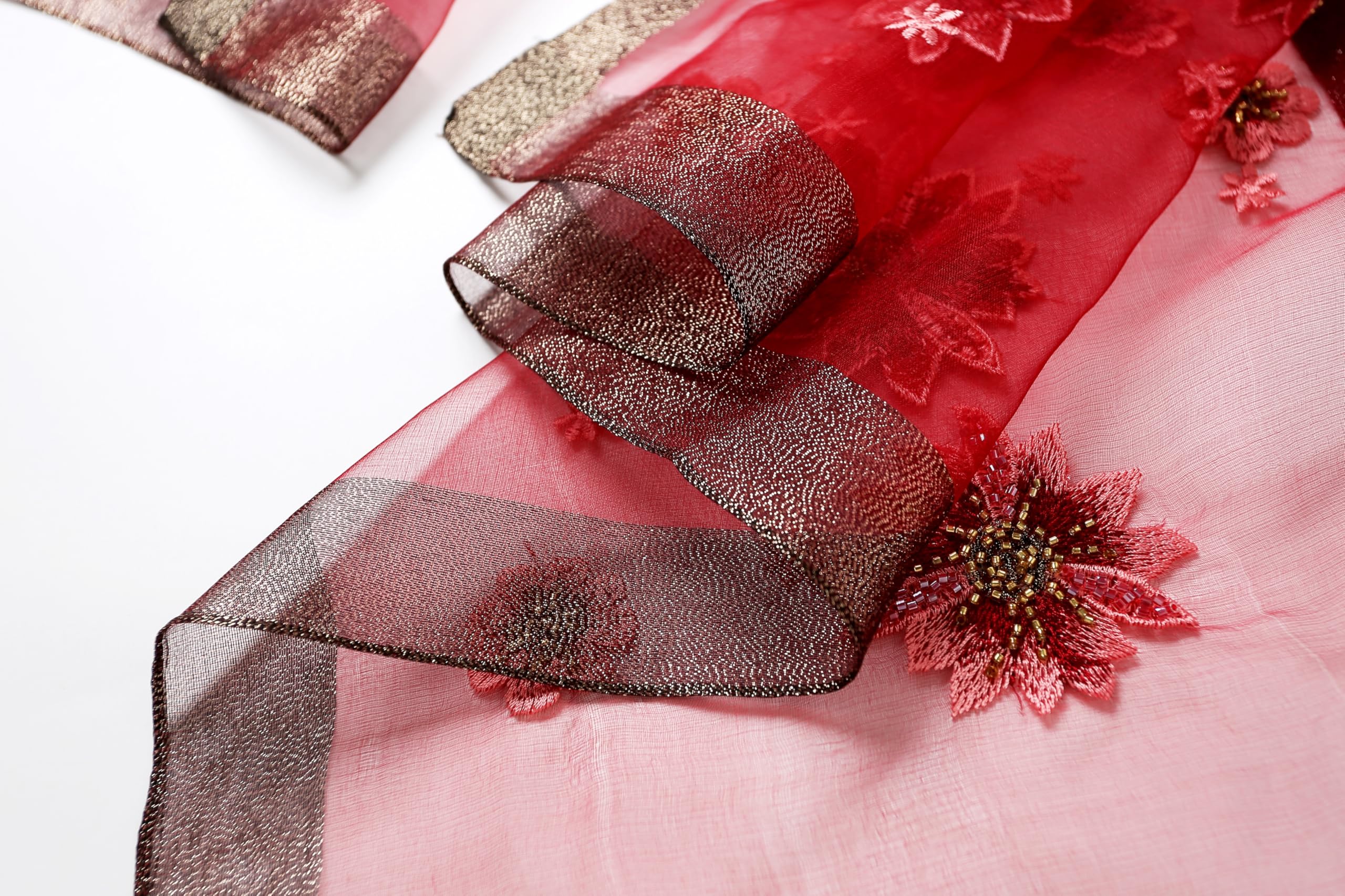 Close up of the metallic woven border beside a beaded bloom