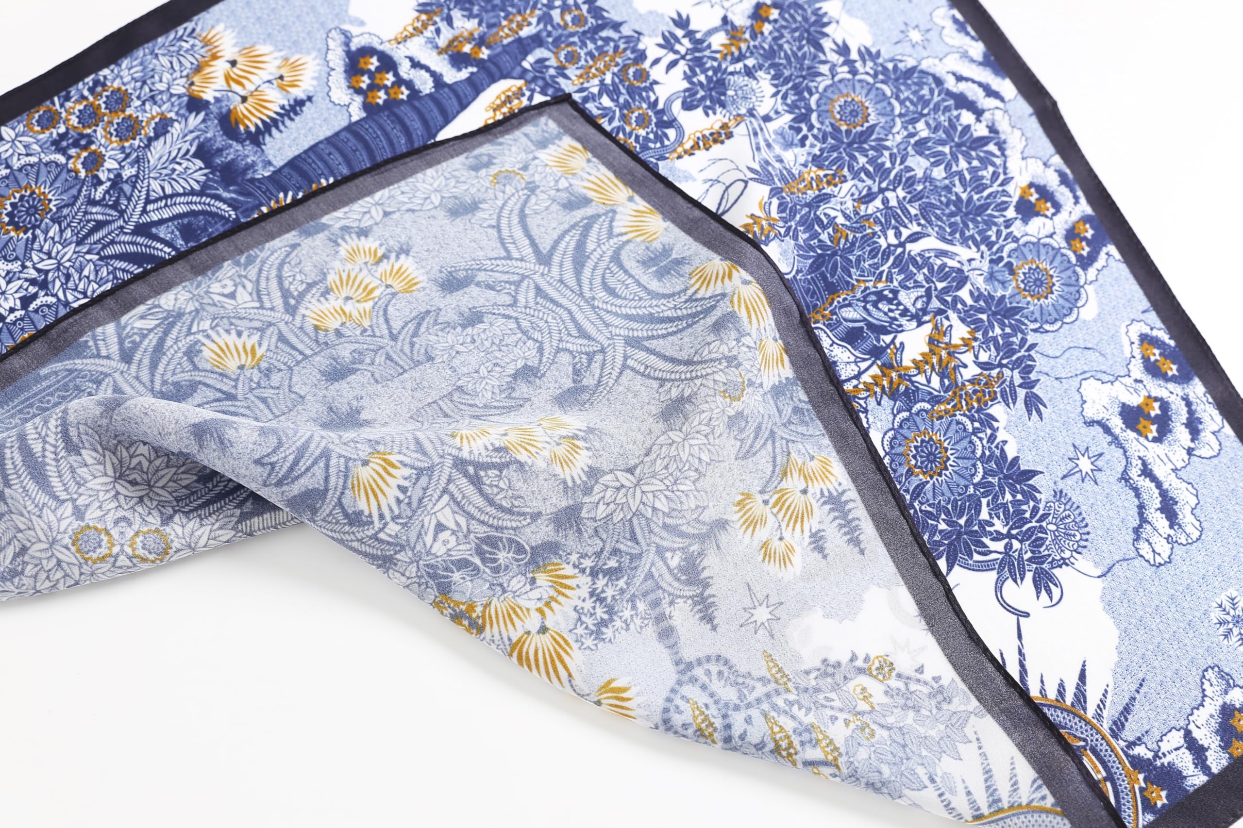 Fold detail, gold seed pods and blue engraving meeting the black border band