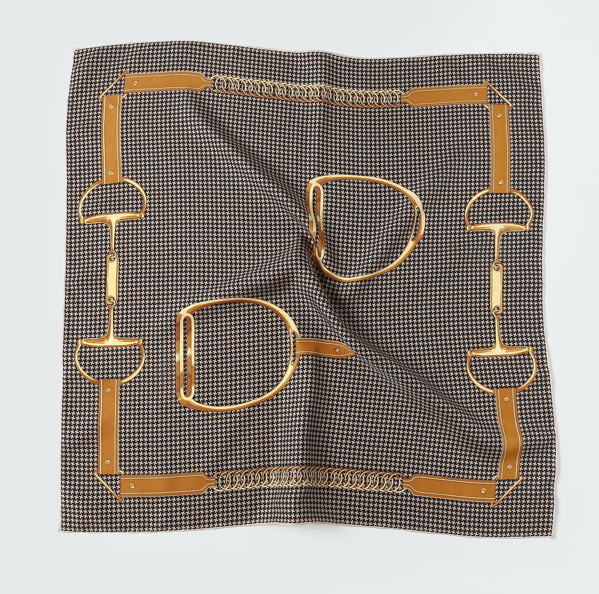 Flat view of the brown houndstooth silk square showing the gold chain and stirrup border