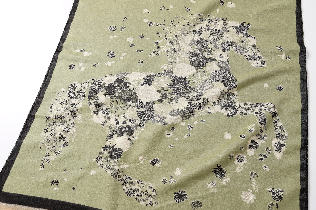 Flat detail of the floral horse motif filling the centre panel against the sage ground