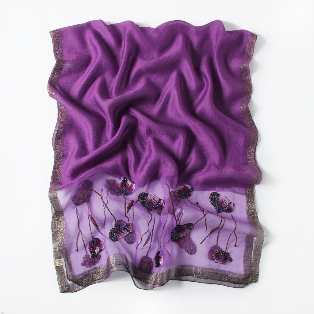Deep purple embroidered poppy scarf with beaded centers, draped view