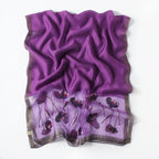Deep purple embroidered poppy scarf with beaded centers, draped view