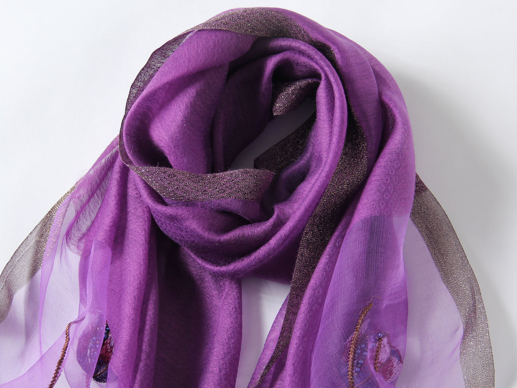 Jeelow poppy beaded scarf collection — deep purple colorway laid flat