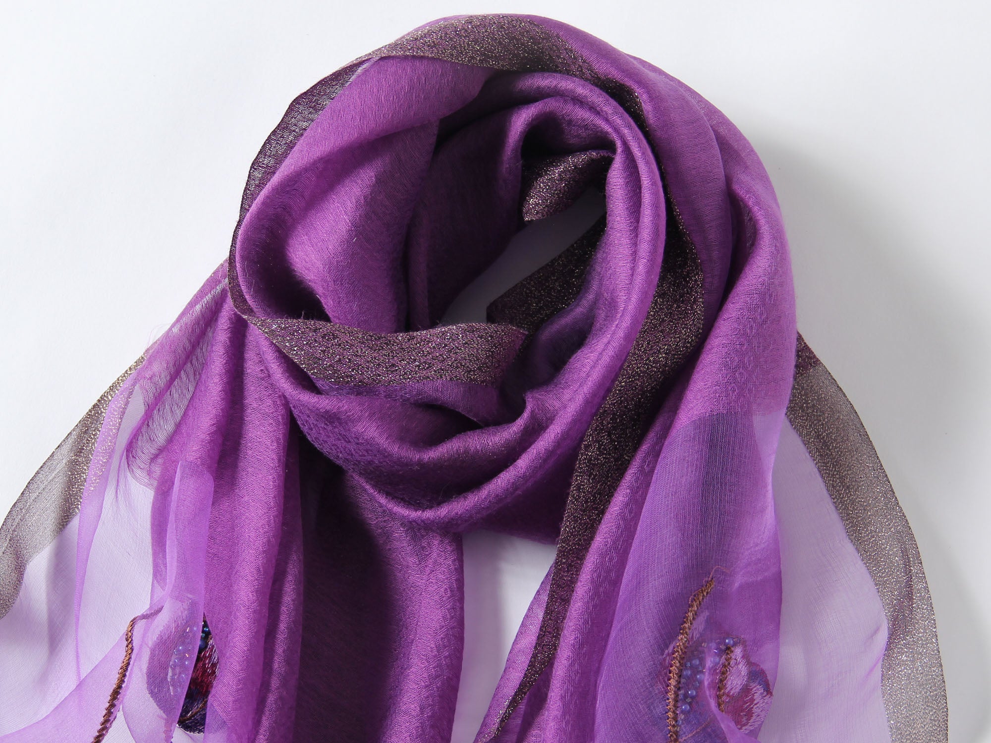 Jeelow poppy beaded scarf collection — deep purple colorway laid flat
