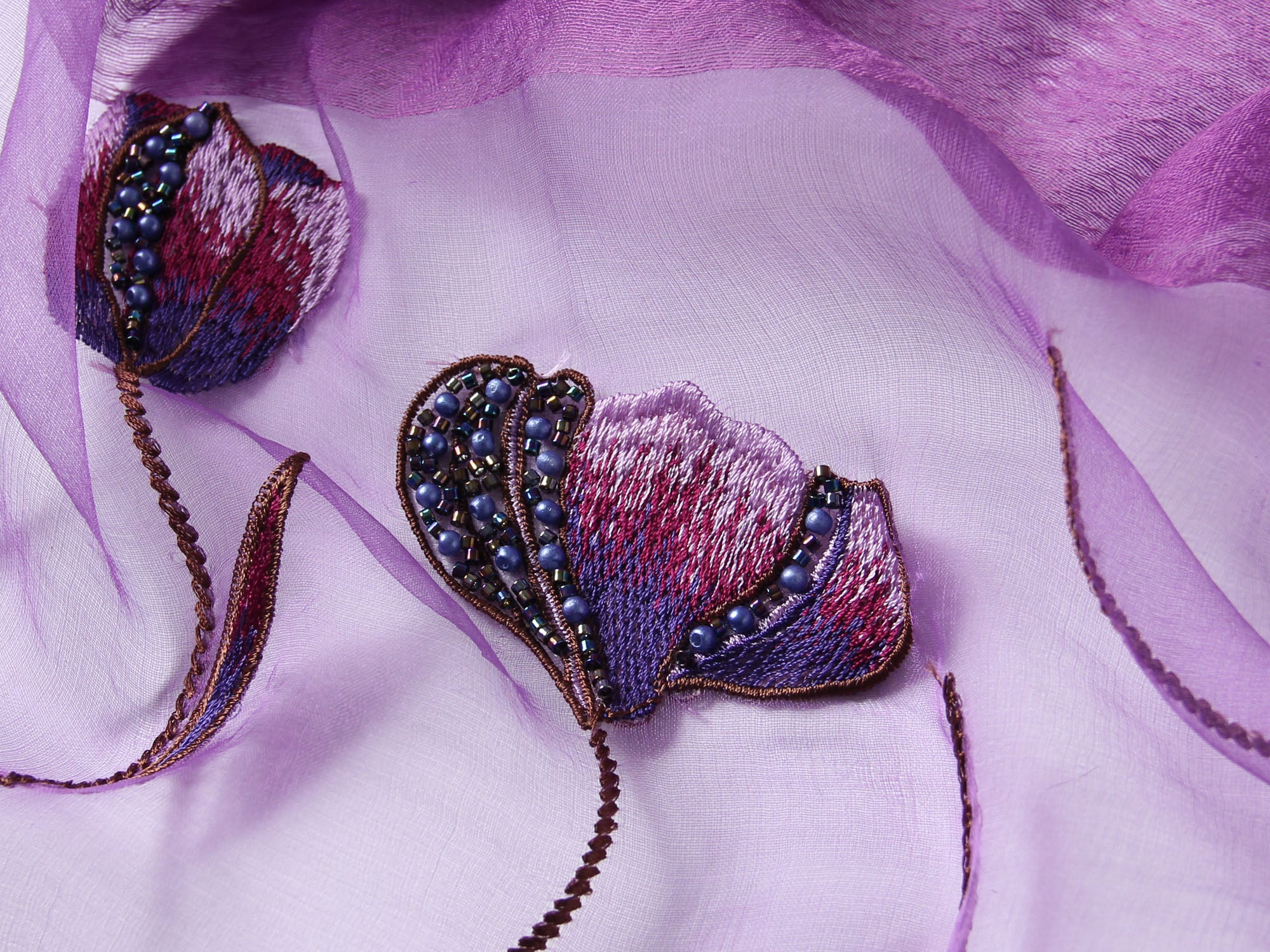 Jeelow deep purple silk blend poppy beaded scarf — semi-sheer wrap for women