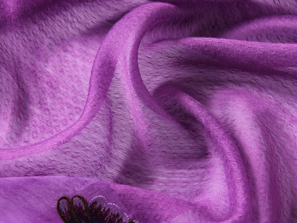 Deep purple embroidered poppy scarf with beaded centers, draped view