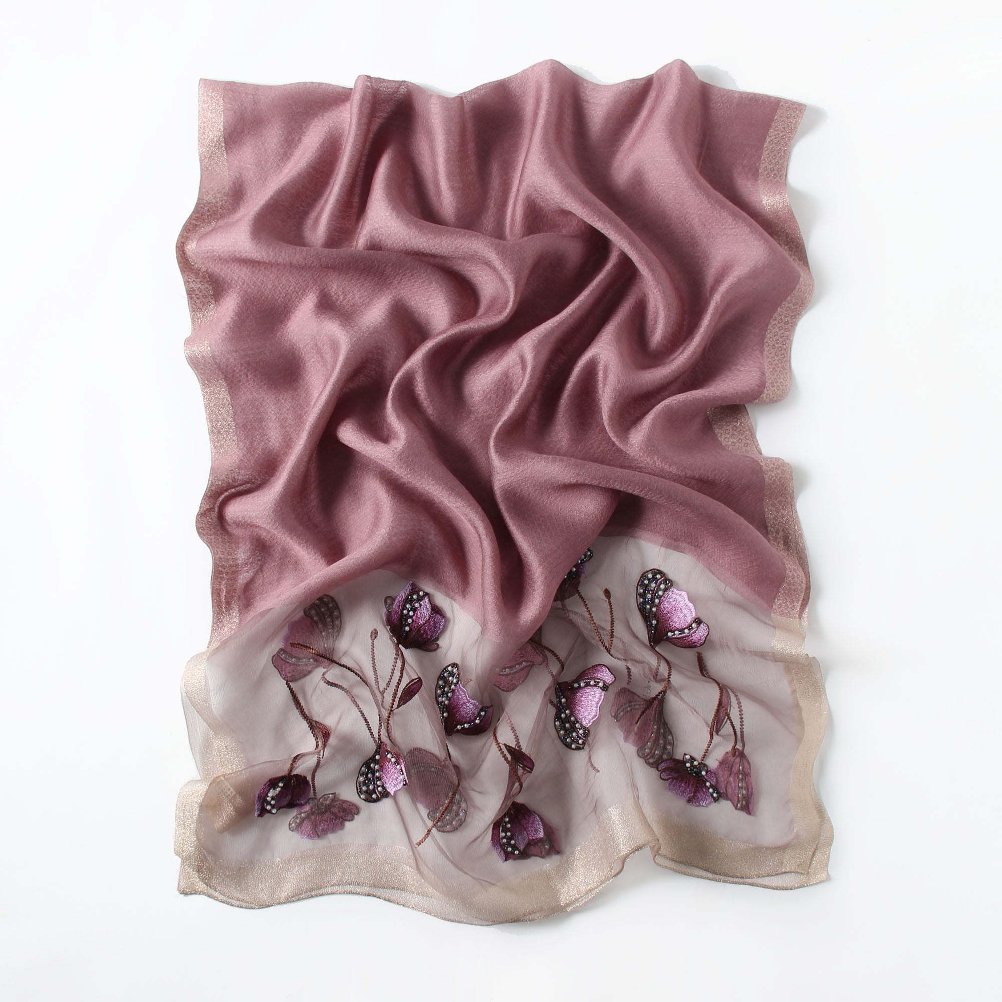 Jeelow mauve silk blend poppy beaded scarf — semi-sheer wrap for women
