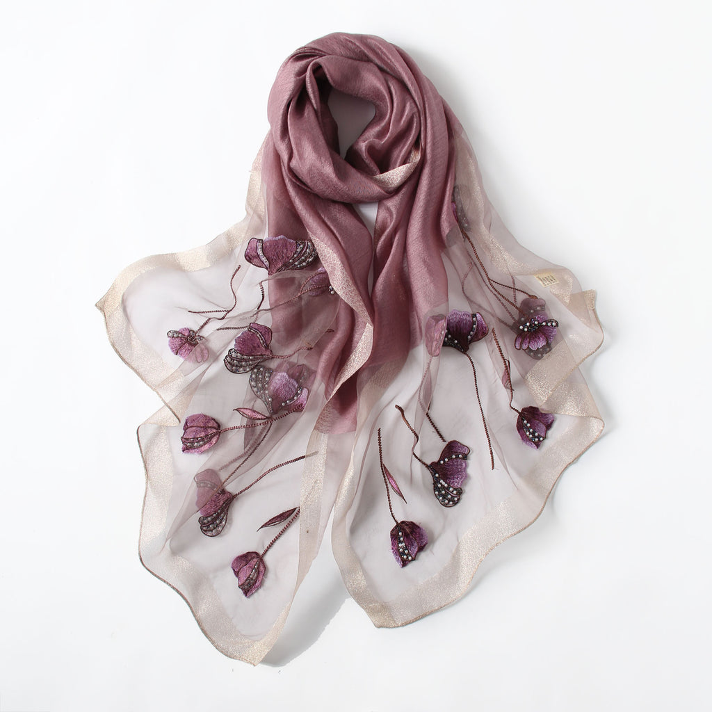 Gray Jeelow scarf shown with metallic woven border detail