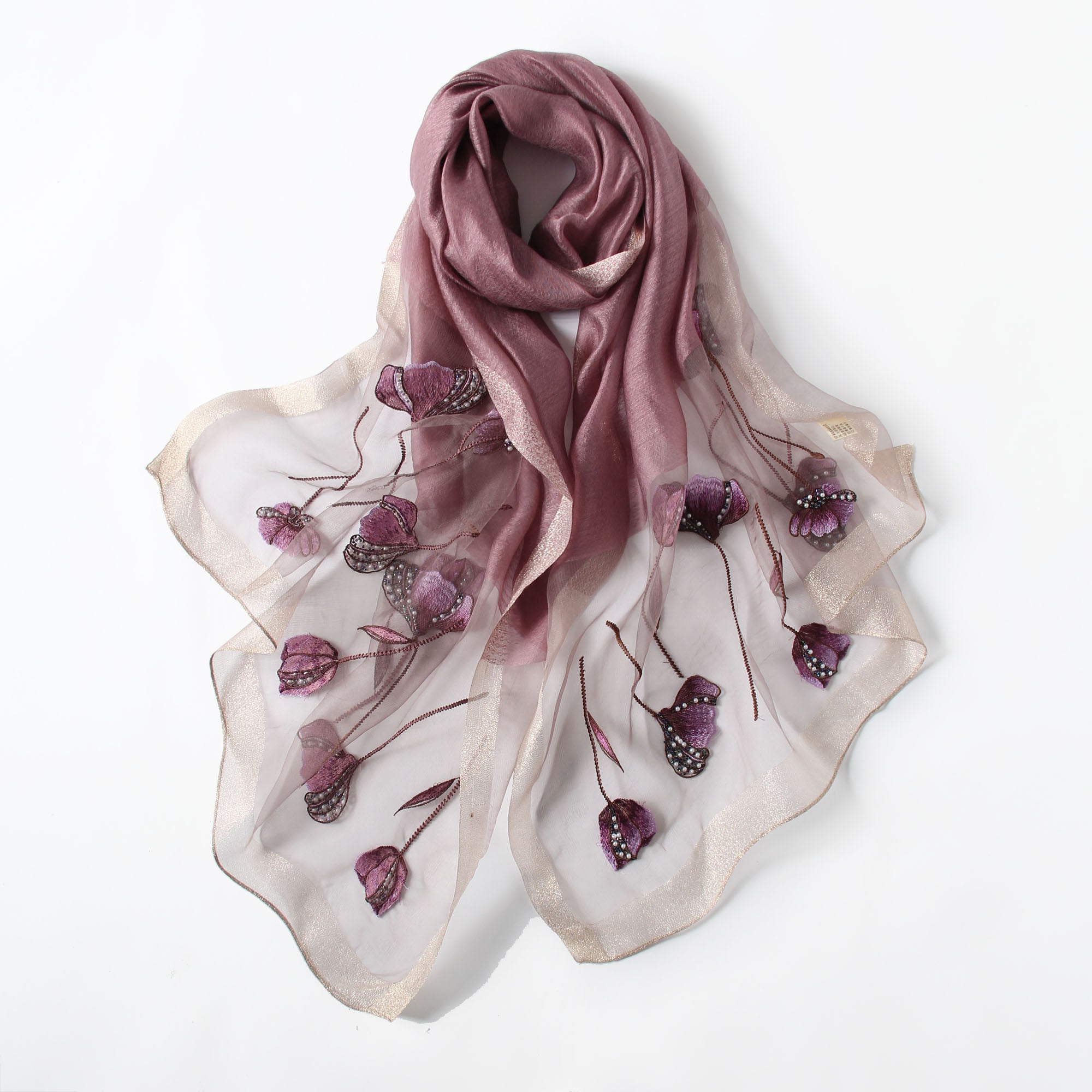 Gray Jeelow scarf shown with metallic woven border detail