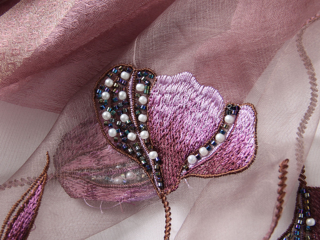 Mauve Jeelow scarf shown with metallic woven border detail