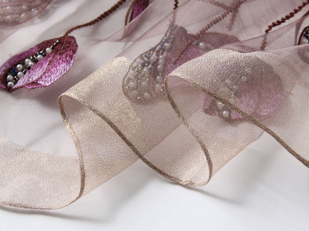 Long semi-sheer mauve wrap with embroidered poppies — model view