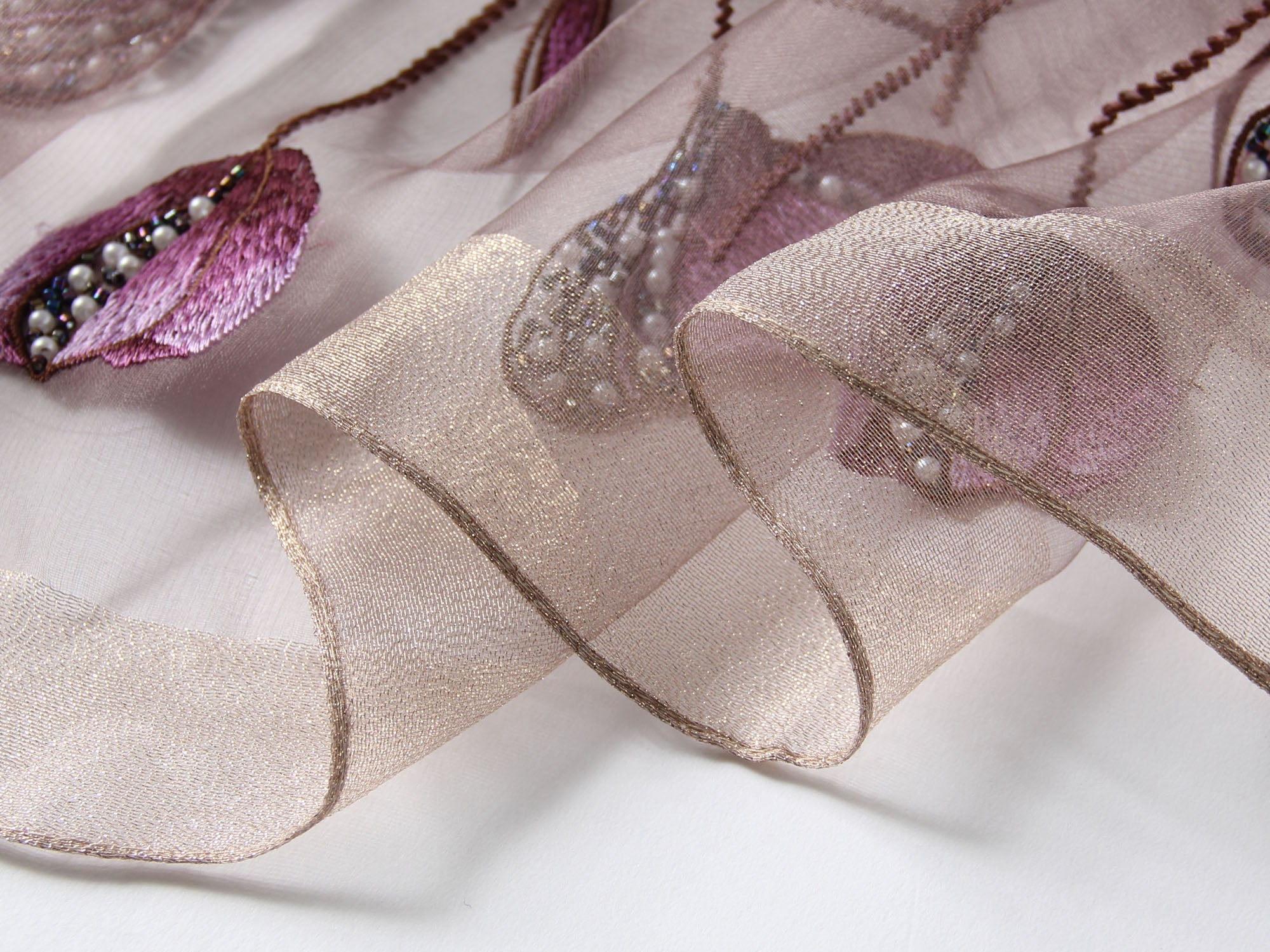 Long semi-sheer mauve wrap with embroidered poppies — model view