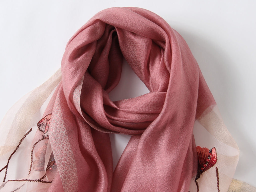 Jeelow poppy beaded scarf collection — mauve colorway laid flat