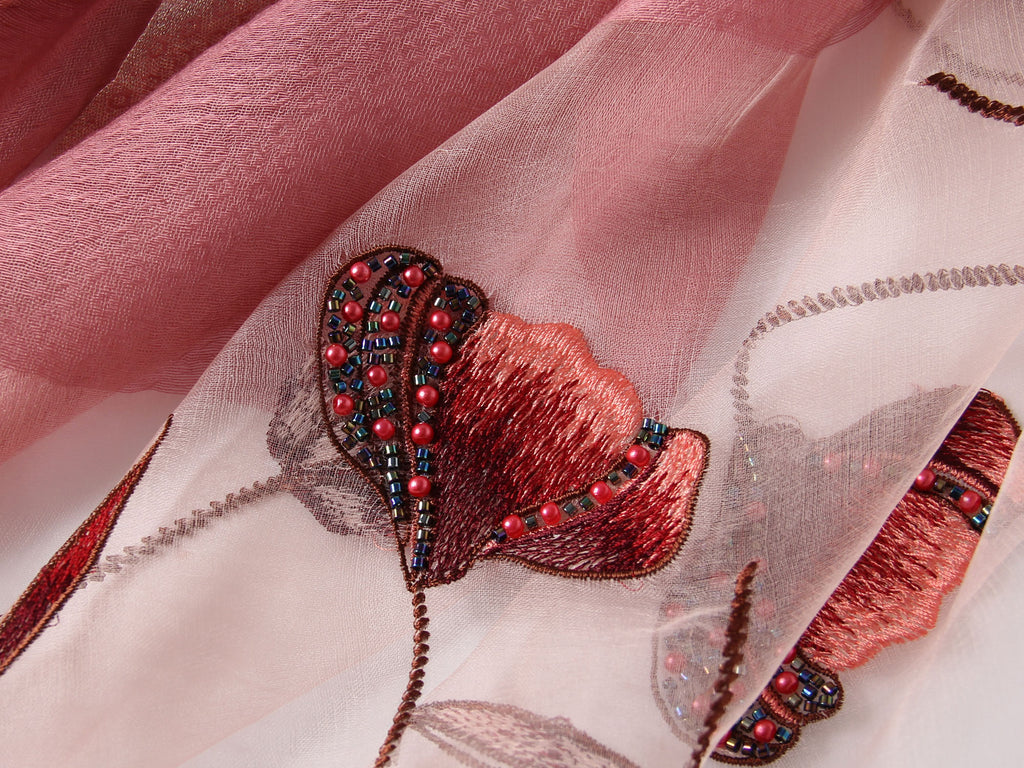 Jeelow mauve silk blend poppy beaded scarf — semi-sheer wrap for women