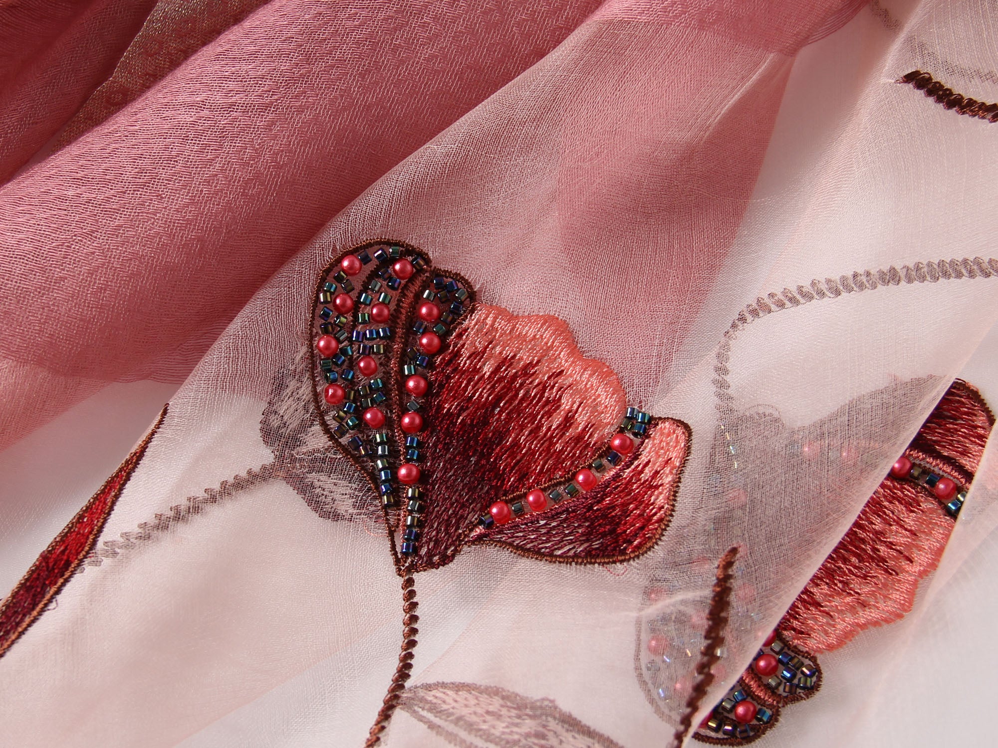 Jeelow mauve silk blend poppy beaded scarf — semi-sheer wrap for women