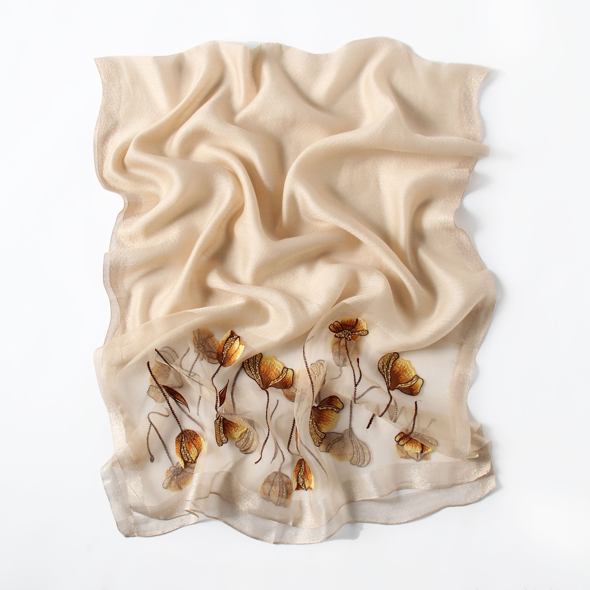 Champagne embroidered poppy scarf with beaded centers, draped view
