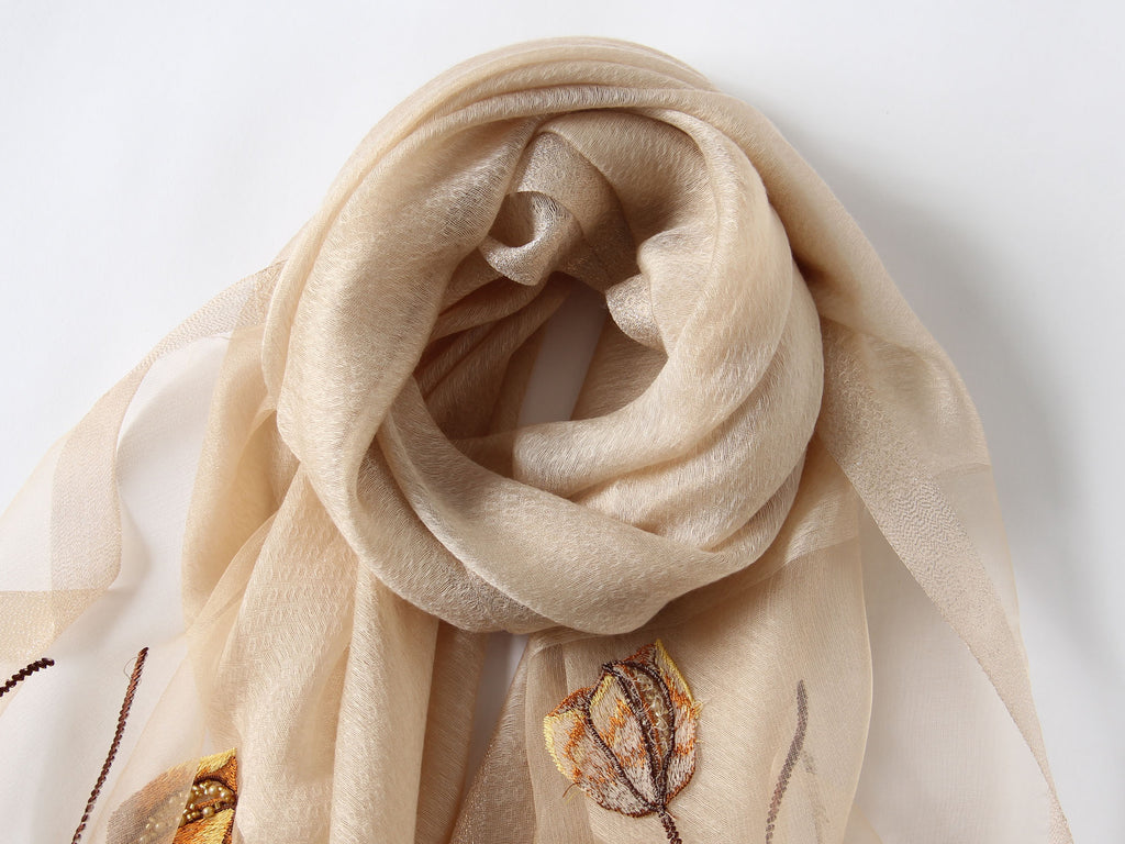 Jeelow Silk Blend Poppy Beaded Embroidered Scarf Wrap for Women