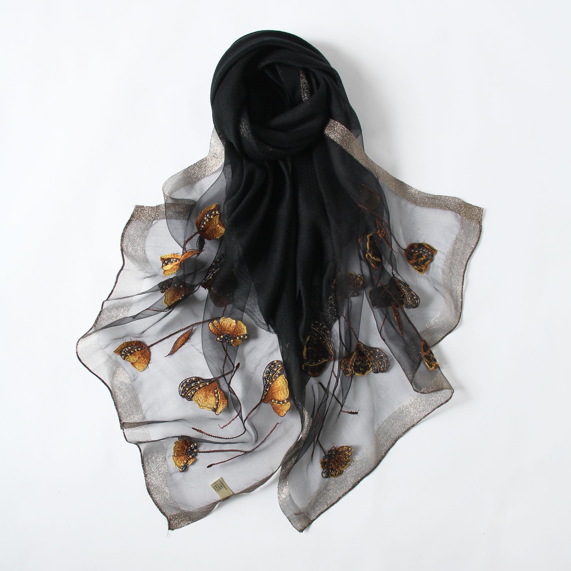 Long semi-sheer gray wrap with embroidered poppies — model view