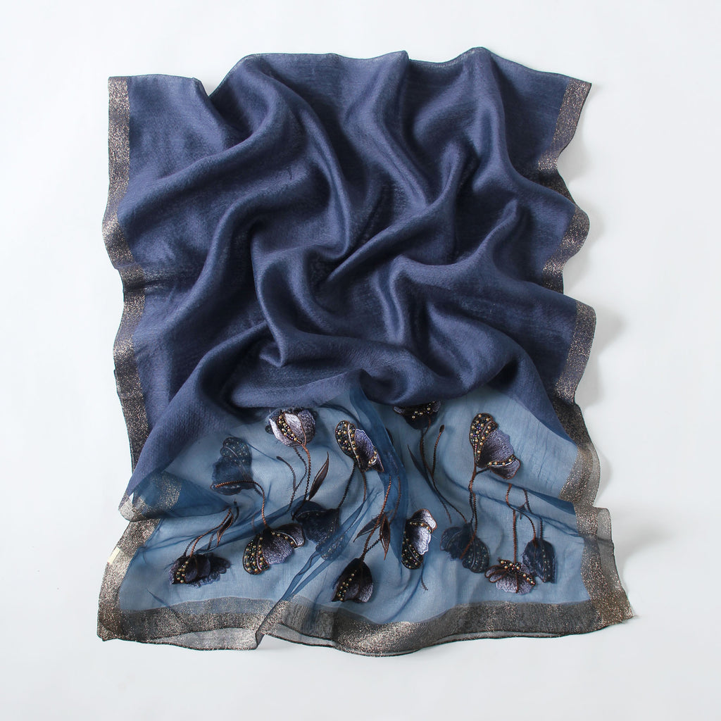 Jeelow poppy beaded scarf collection — navy colorway laid flat
