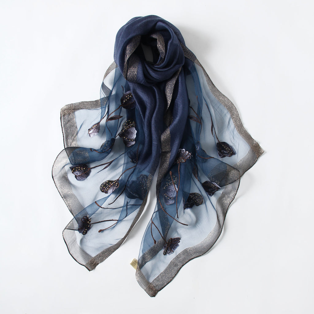 Jeelow gray silk blend poppy beaded scarf — semi-sheer wrap for women