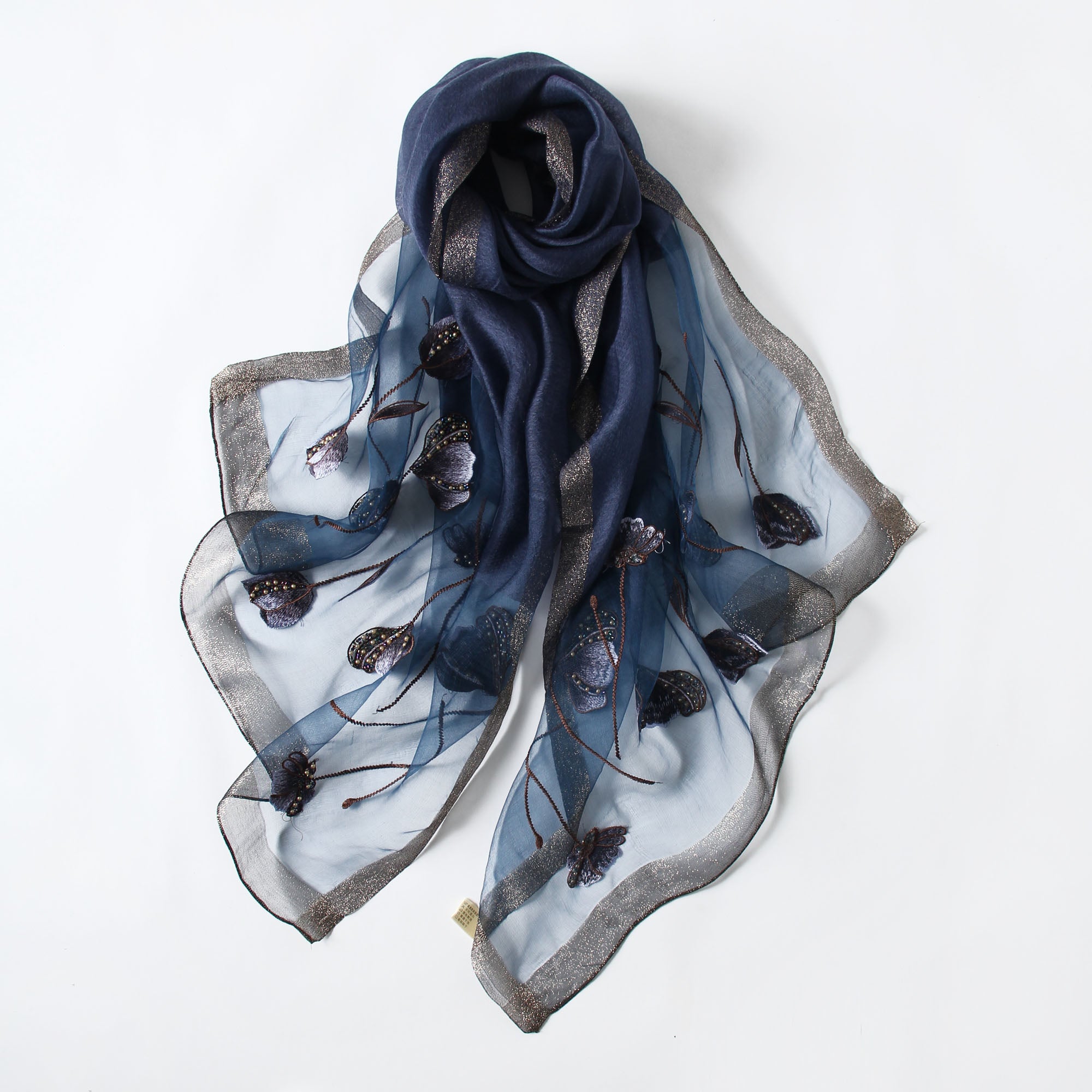 Jeelow gray silk blend poppy beaded scarf — semi-sheer wrap for women