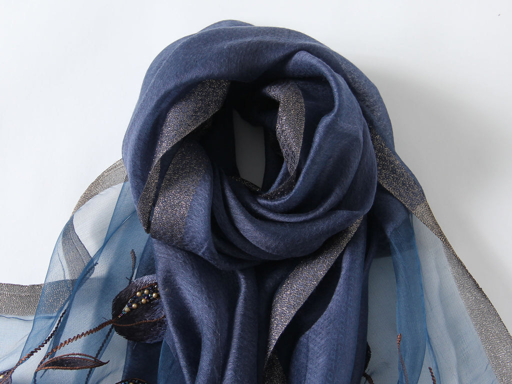 Jeelow Silk Blend Poppy Beaded Embroidered Scarf Wrap for Women