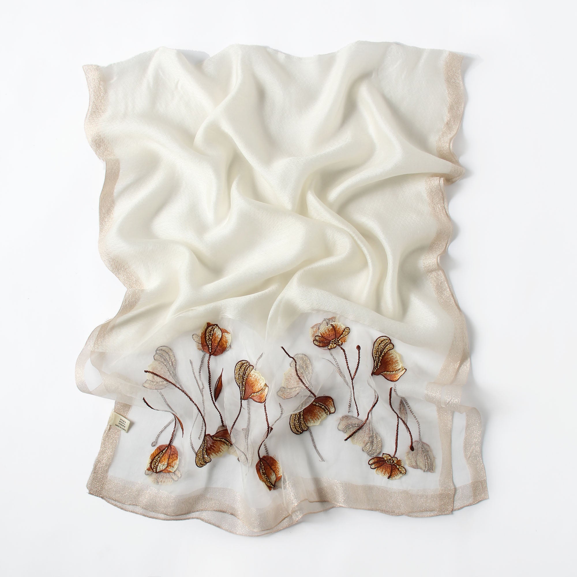 Jeelow gray silk blend poppy beaded scarf — semi-sheer wrap for women