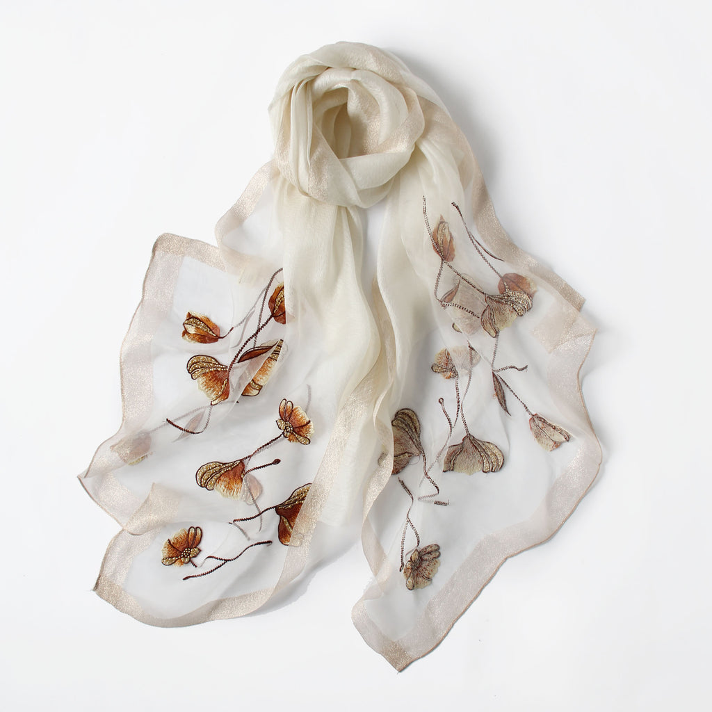 Gray embroidered poppy scarf with beaded centers, draped view