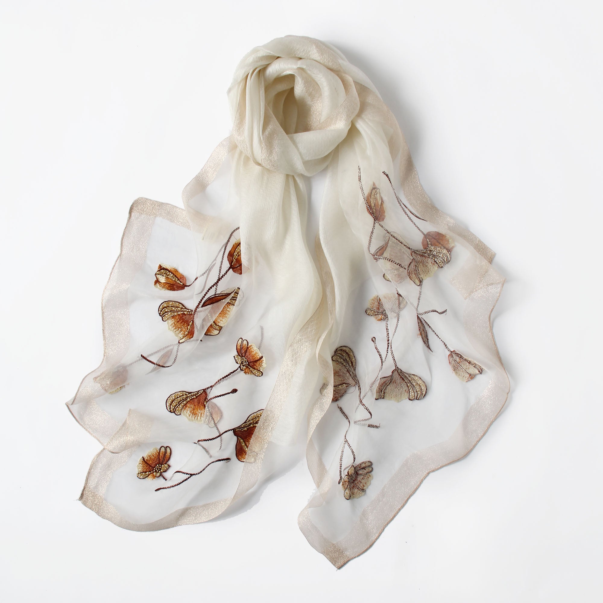 Gray embroidered poppy scarf with beaded centers, draped view