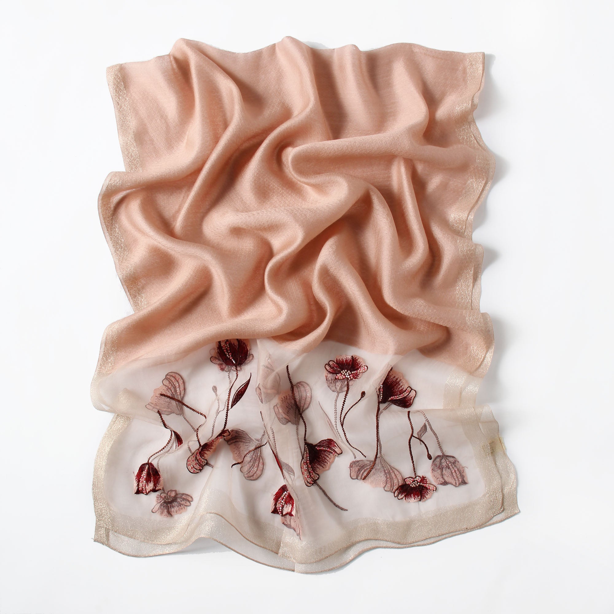 Blush pink embroidered poppy scarf with beaded centers, draped view