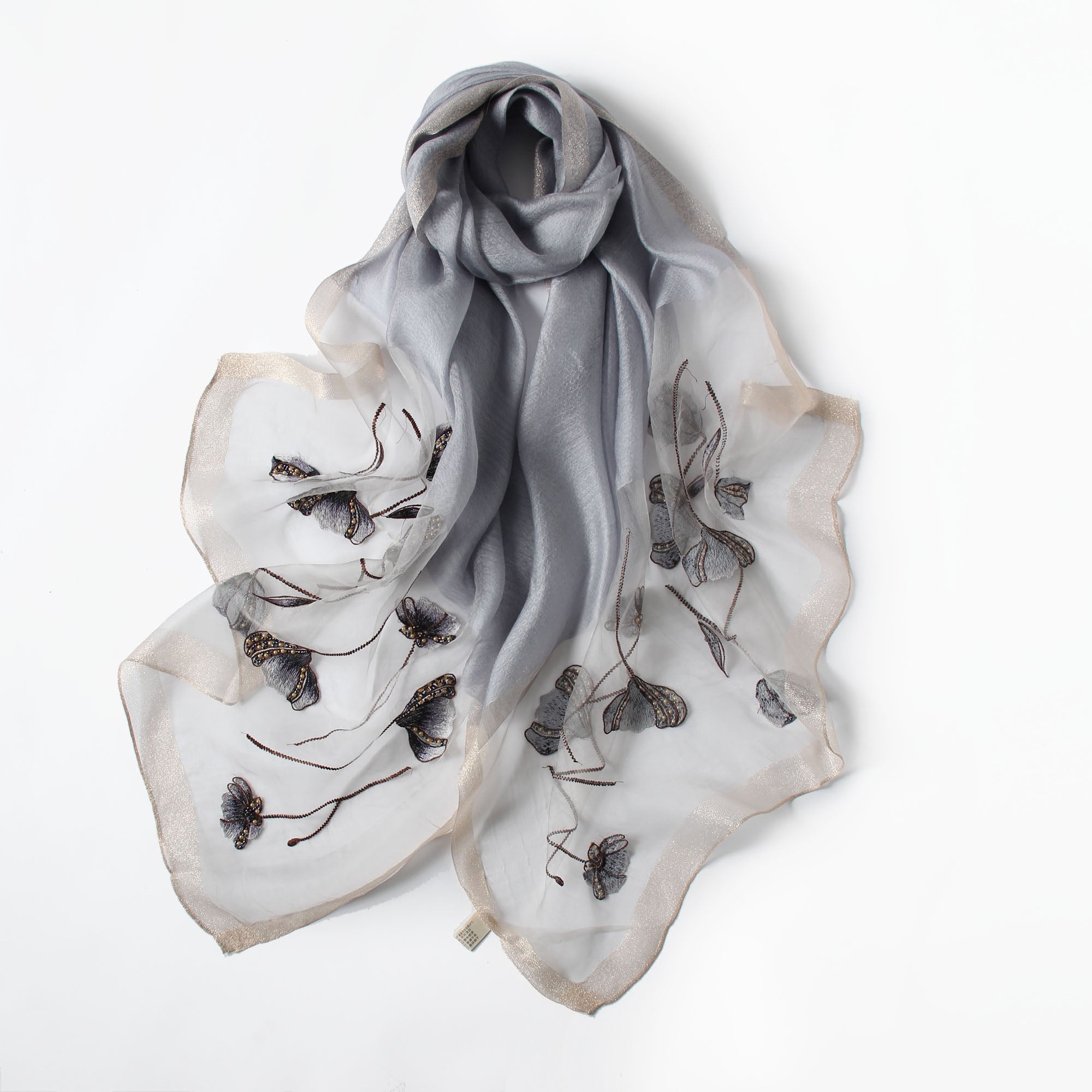 Long semi-sheer gray wrap with embroidered poppies — model view