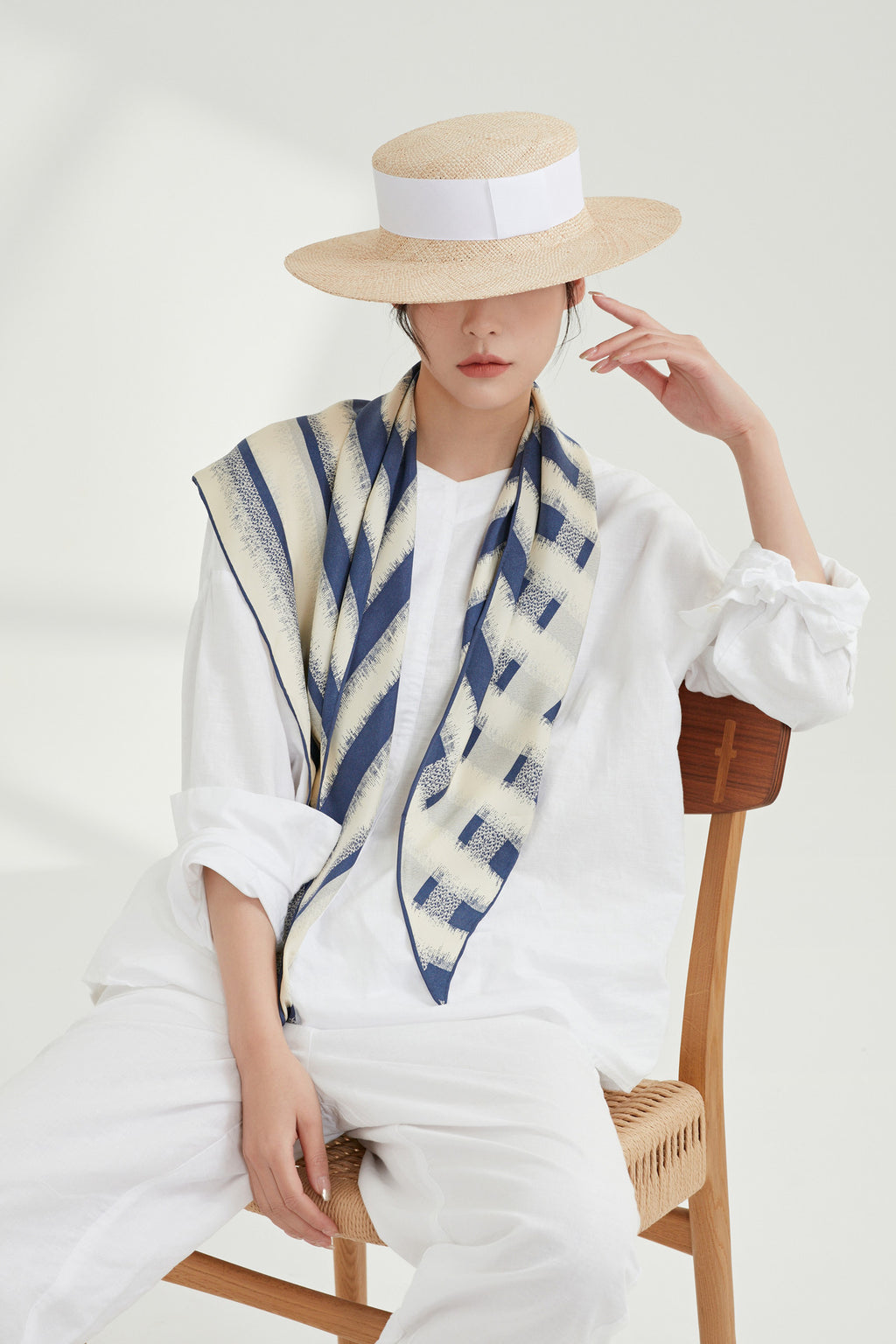 The Odyssey Triangle Silk Scarf (Nautical Blue & Cream)